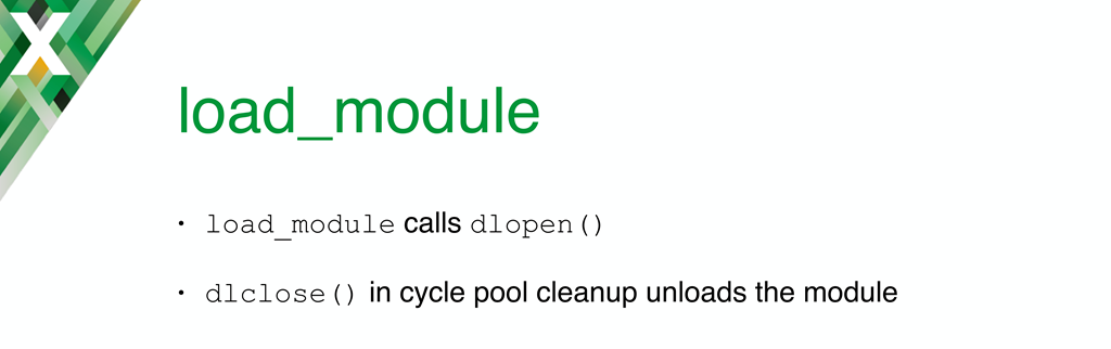 When NGINX reads in its configuration, the load_module directive calls dlopen(); it calls dlclose() when the configuration is freed