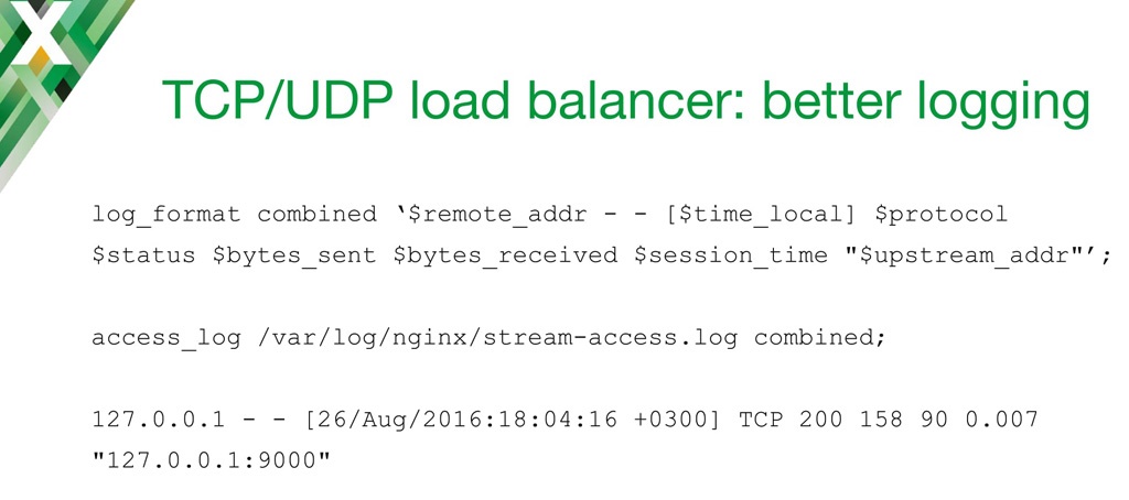 NGINX configuration code for creating entries in the access log on an NGINX TCP load balancer