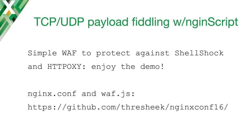 Slide introducing a demo of nginScript to change the payload of a TCP request on an NGINX host acting as a TCP load balancer and UDP load balancer