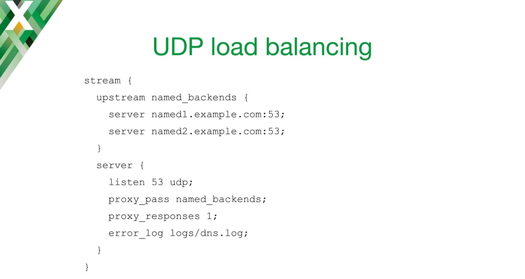 Configuration code for NGINX as a UDP load balancer