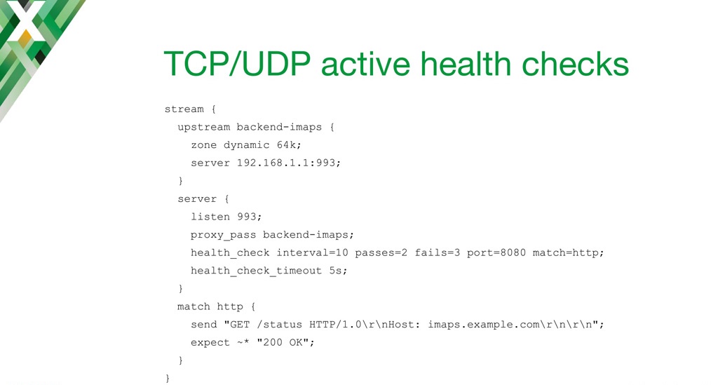 NGINX configuration code for implementing active health checks to an IMAP server with TCP load balancing