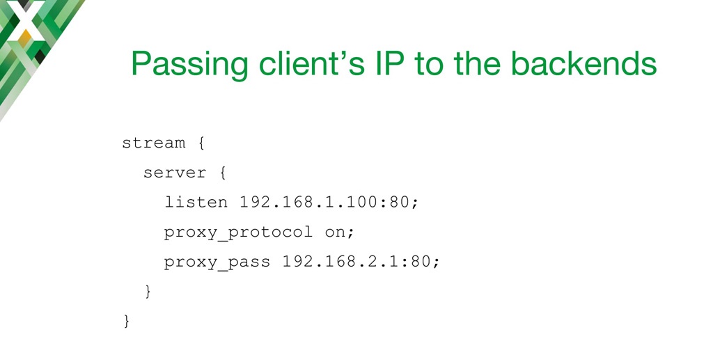 IP Transparency can be implemented on the NGINX TCP load balancer using the PROXY protocol