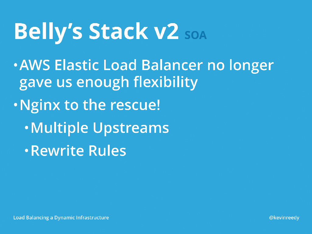 Version two of Belly's Stack used NGINX for multiple upstreams and the inclusion of rewrite rules [presentation by Kevin Reedy of Belly Card at nginx.conf 2014]