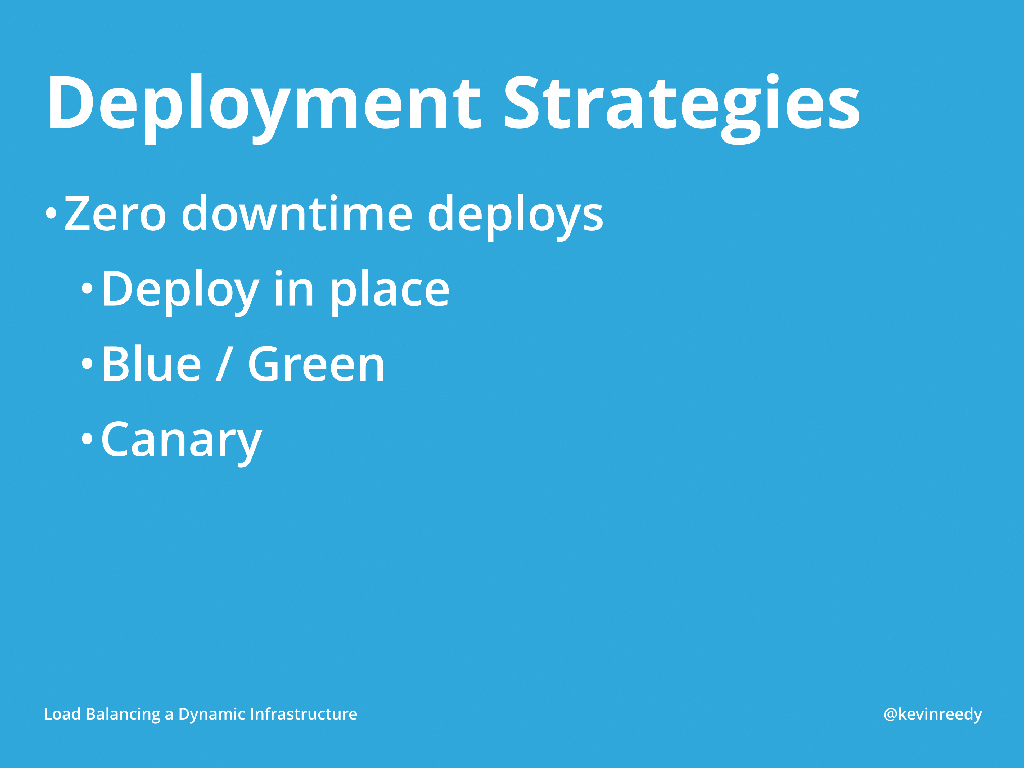 There are many deployment strategies, such as deploying in place, blue/green deployments, and canary releases [presentation by Kevin Reedy of Belly Card at nginx.conf 2014]