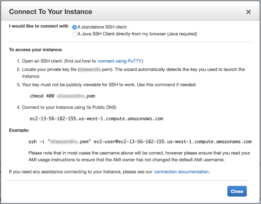 Screenshot of ‘Connect To Your Instance’ pop-up window for Amazon EC2 instance