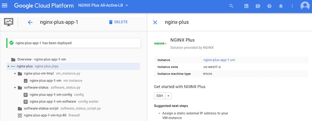 Screenshot of the page that confirms the creation of a prebuilt NGINX Plus VM instance when deploying NGINX Plus as the Google load balancer.