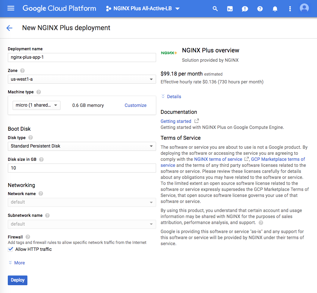 Screenshot of the page for creating a prebuilt NGINX Plus VM instance when deploying NGINX Plus as the Google Cloud Platform load balancer.