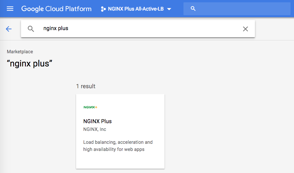 Screenshot of NGINX Plus in the Google Cloud Platform Marketplace; from here, you can create a prebuilt NGINX Plus VM instance when deploying NGINX Plus as the load balancer for Google Cloud.
