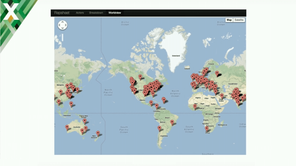 A map of sites suffering malicious attacks against applications