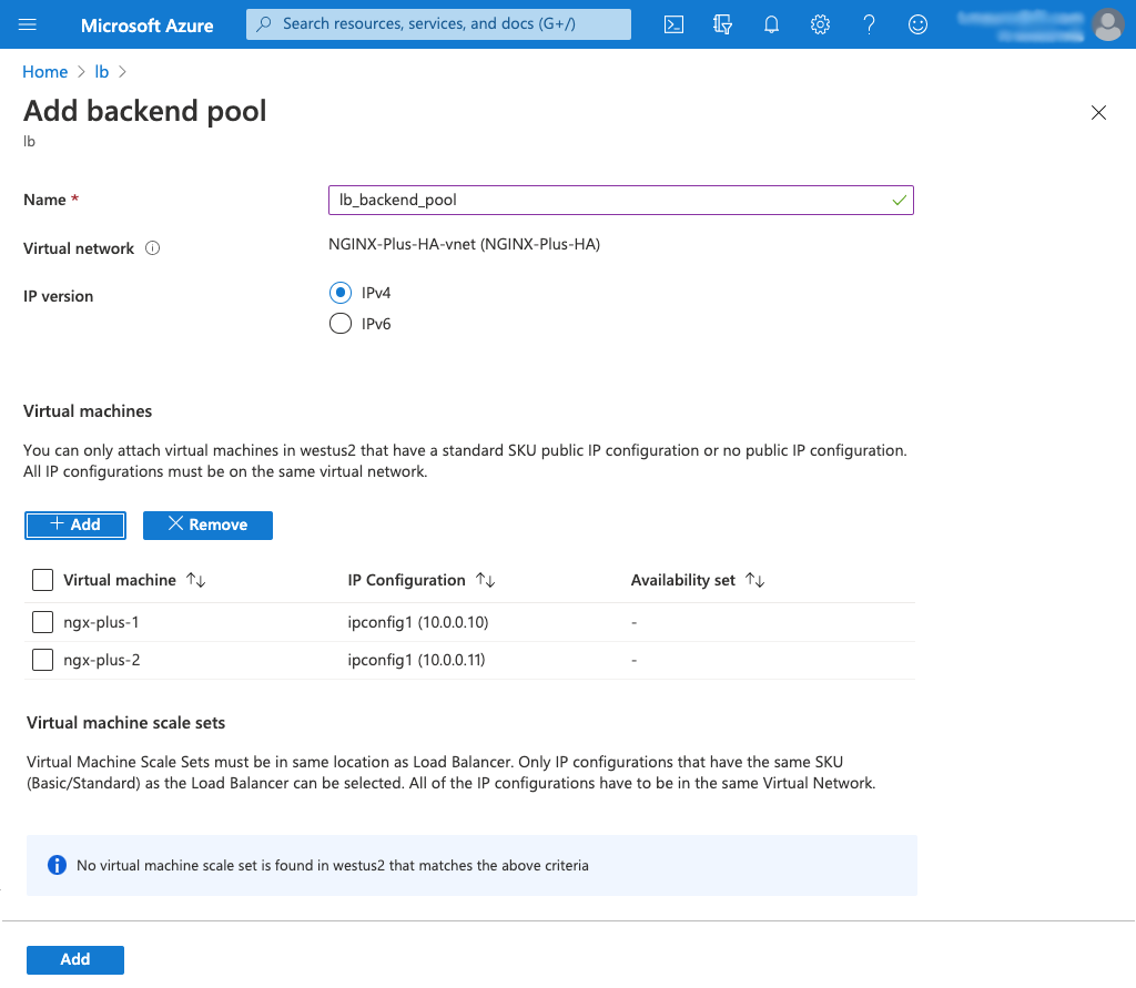 Screenshot of Azure 'Add backend pool' page for Standard Load Balancer