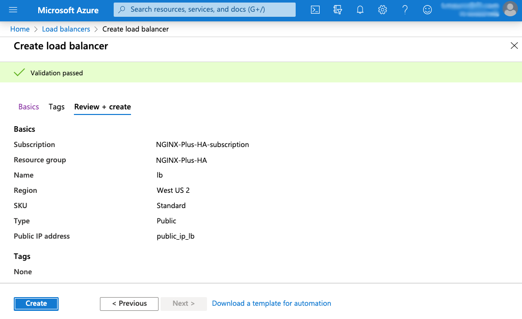 Screenshot of Azure 'Validation passed' page for creating a Standard Load Balancer