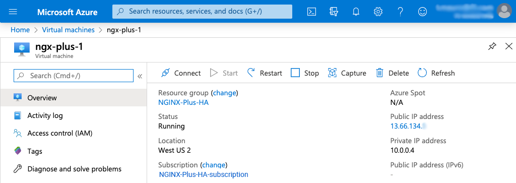 screenshot of details page for 'ngx-plus-1' VM in Azure