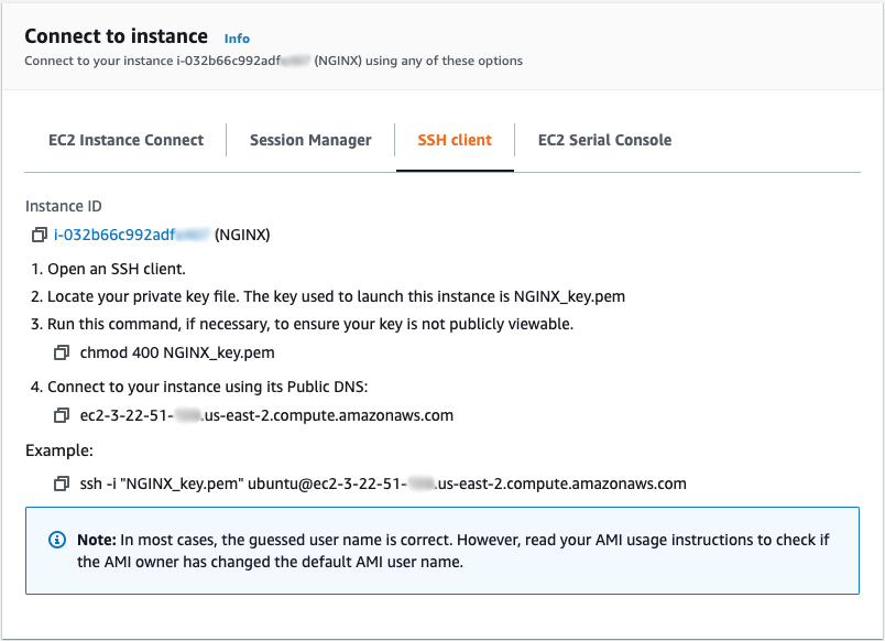 Screenshot of Amazon EC2 'Connect to instance' pop-up window