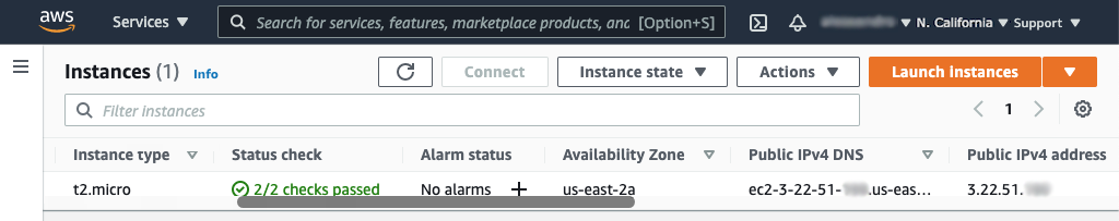 Screenshot of Amazon EC2 'Instances' page showing 'Public IPv4 address' field for an instance