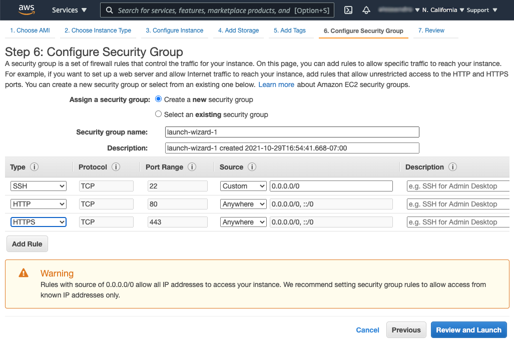 Screenshot of 'Step 6' page in Amazon EC2 instance-creation wizard