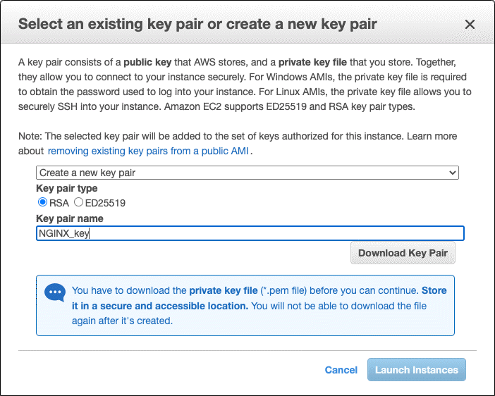 Screenshot of Amazon EC2 'Select and existing key pair or create a new key pair' pop-up window