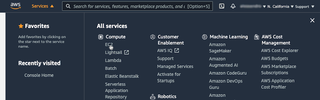 Screenshot showing selection of 'EC2' on AWS 'Services' page
