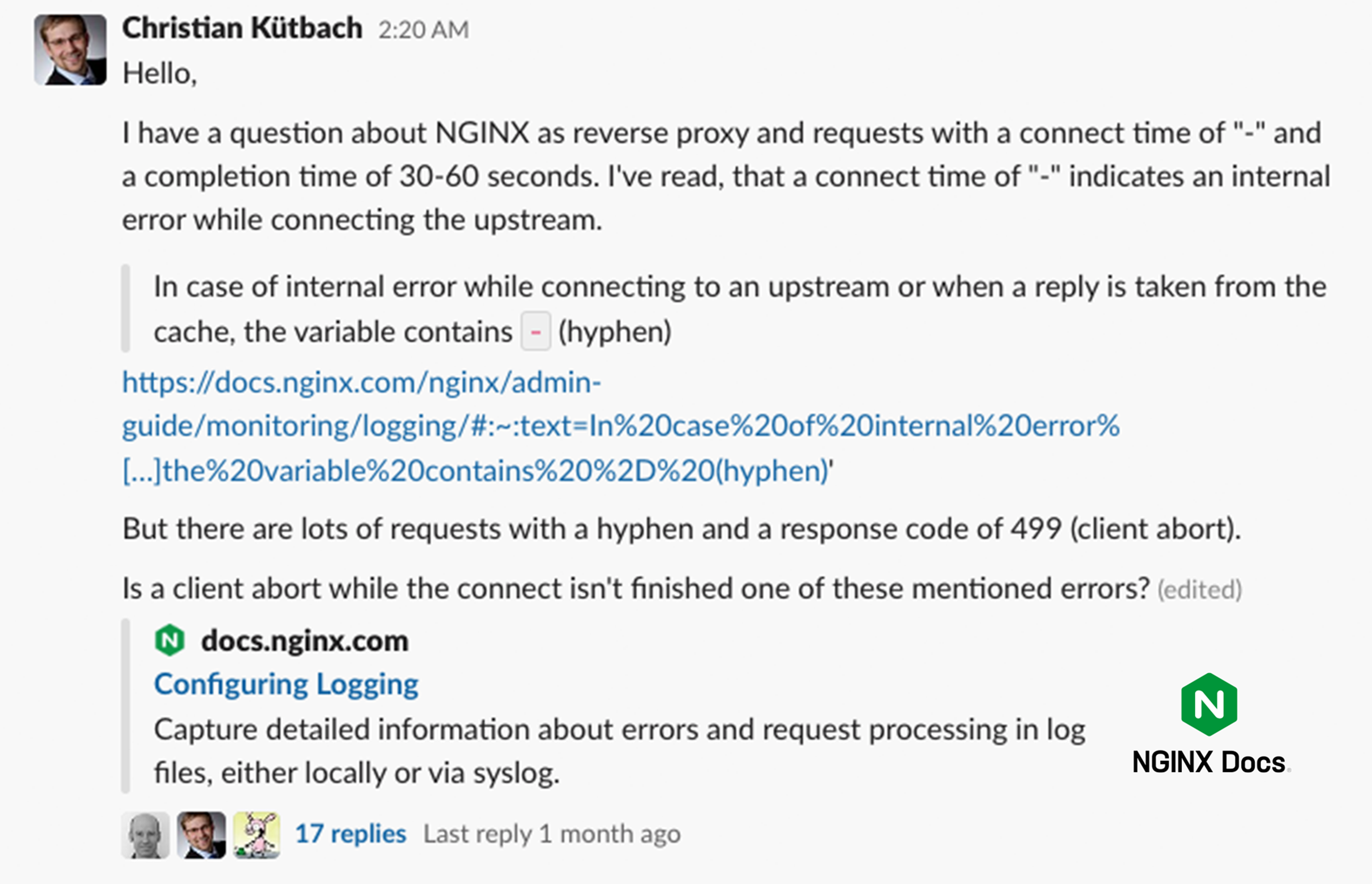 Thread on NGINX Community Slack about requests with a connect time of '-'
