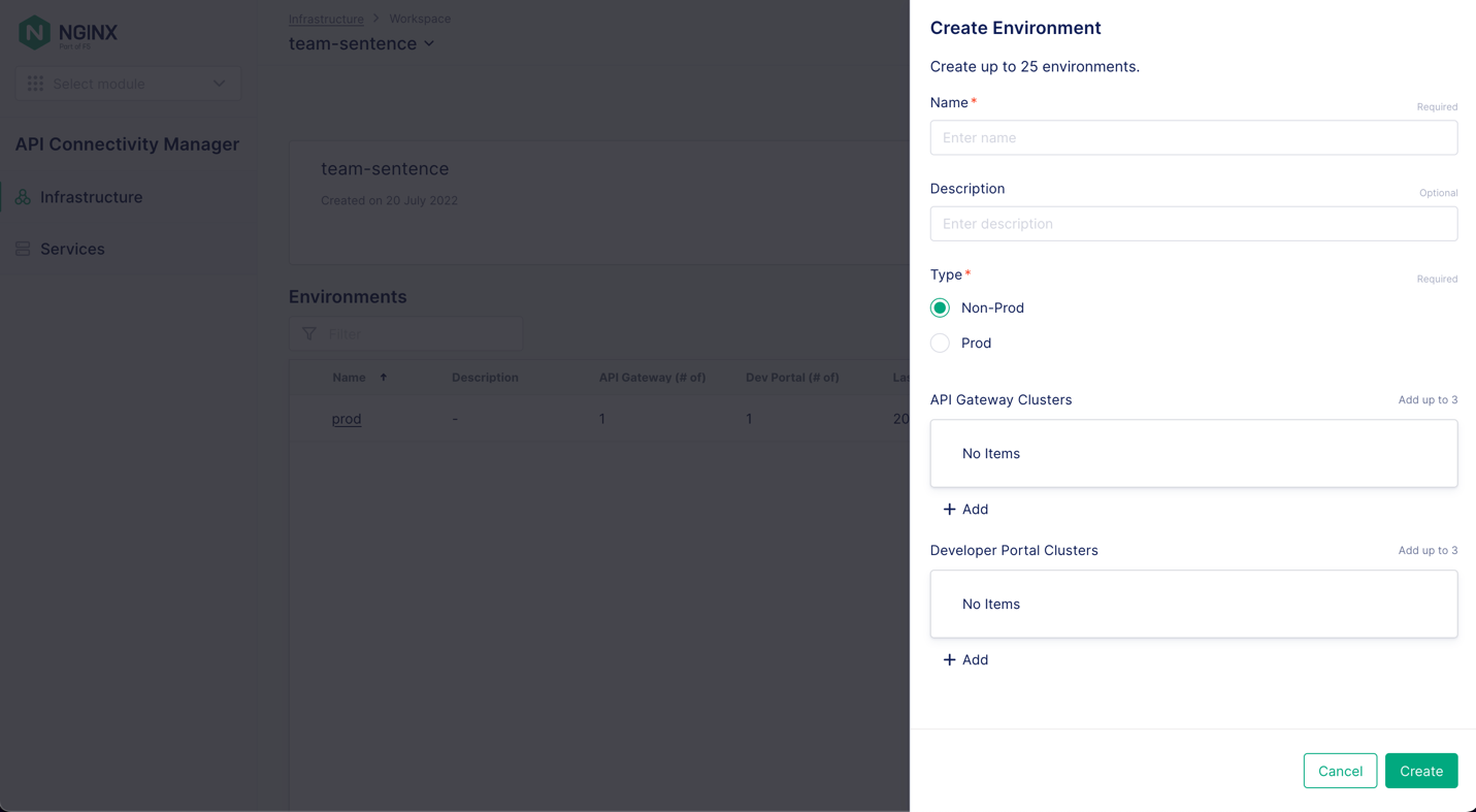 Screenshot of Create Environment panel in API Connectivity Manager UI