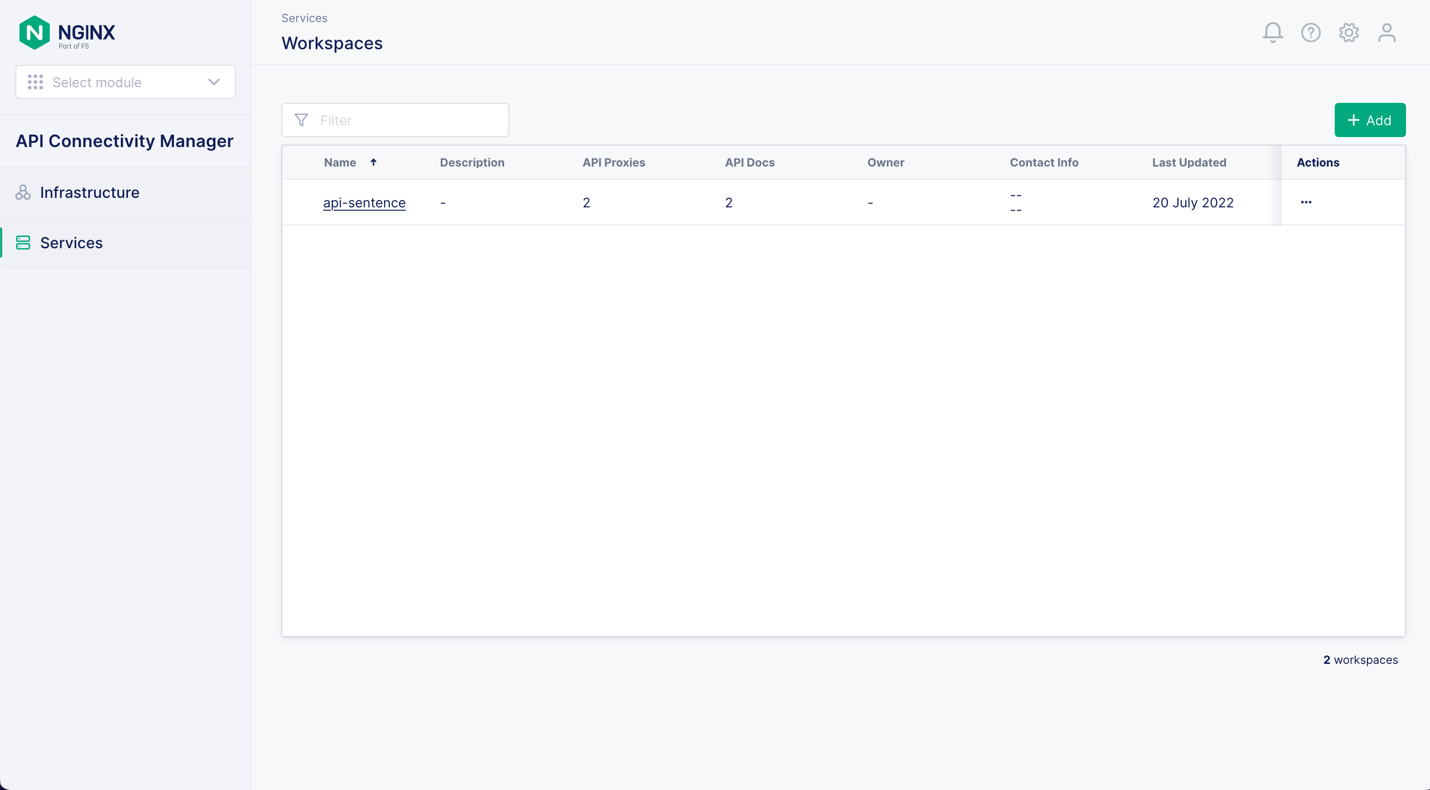 Screenshot of Workspaces page on Services tab of API Connectivity Manager UI