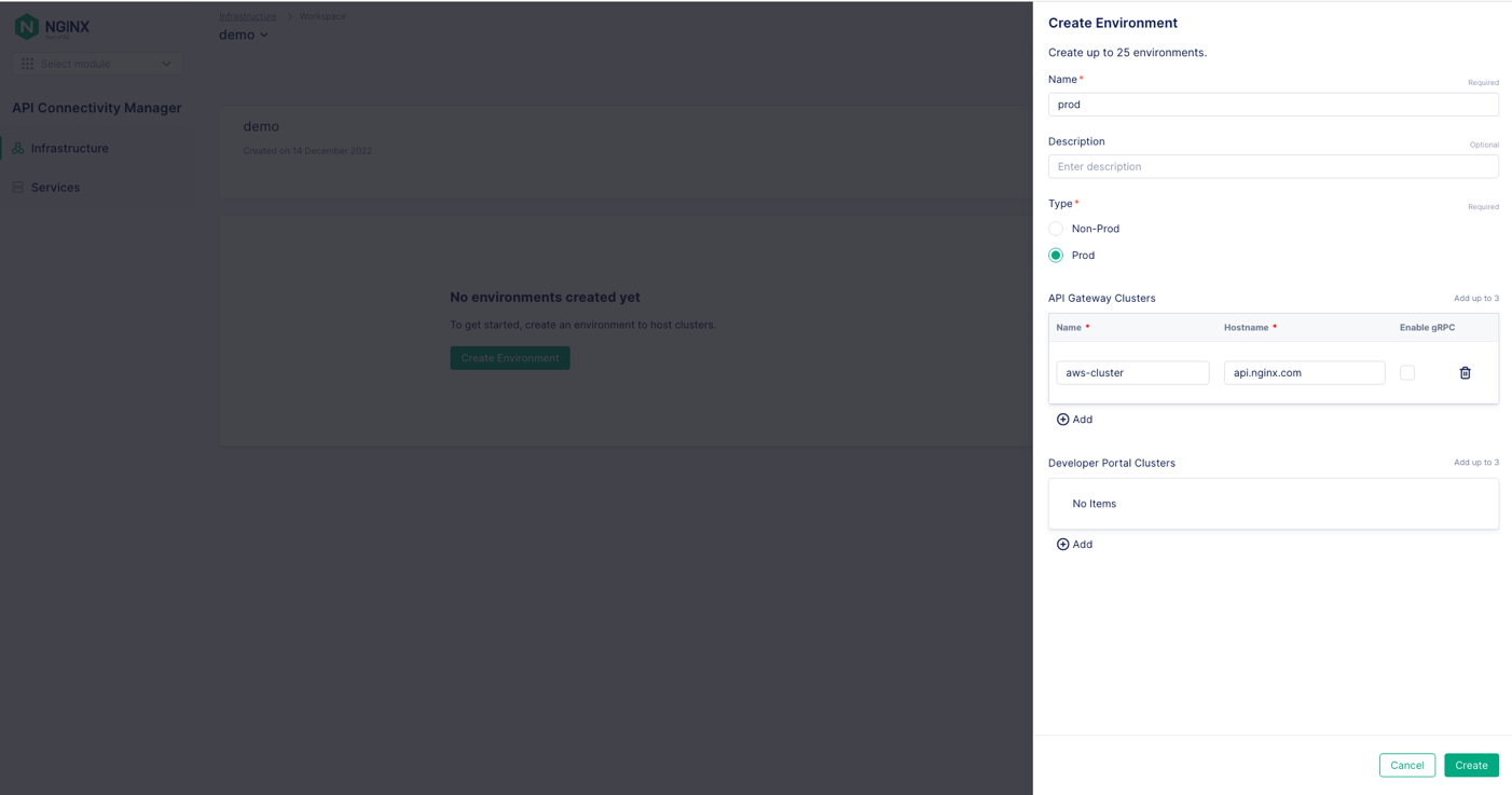 Screenshot of `Create Environment` panel on API Connectivity Manager `Infrastructure | Workspace` tab