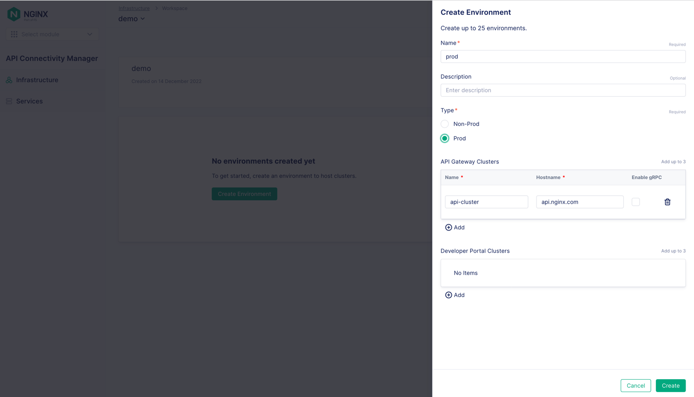 Screenshot of `Create Environment` panel on API Connectivity Manager `Infrastructure | Workspace` tab