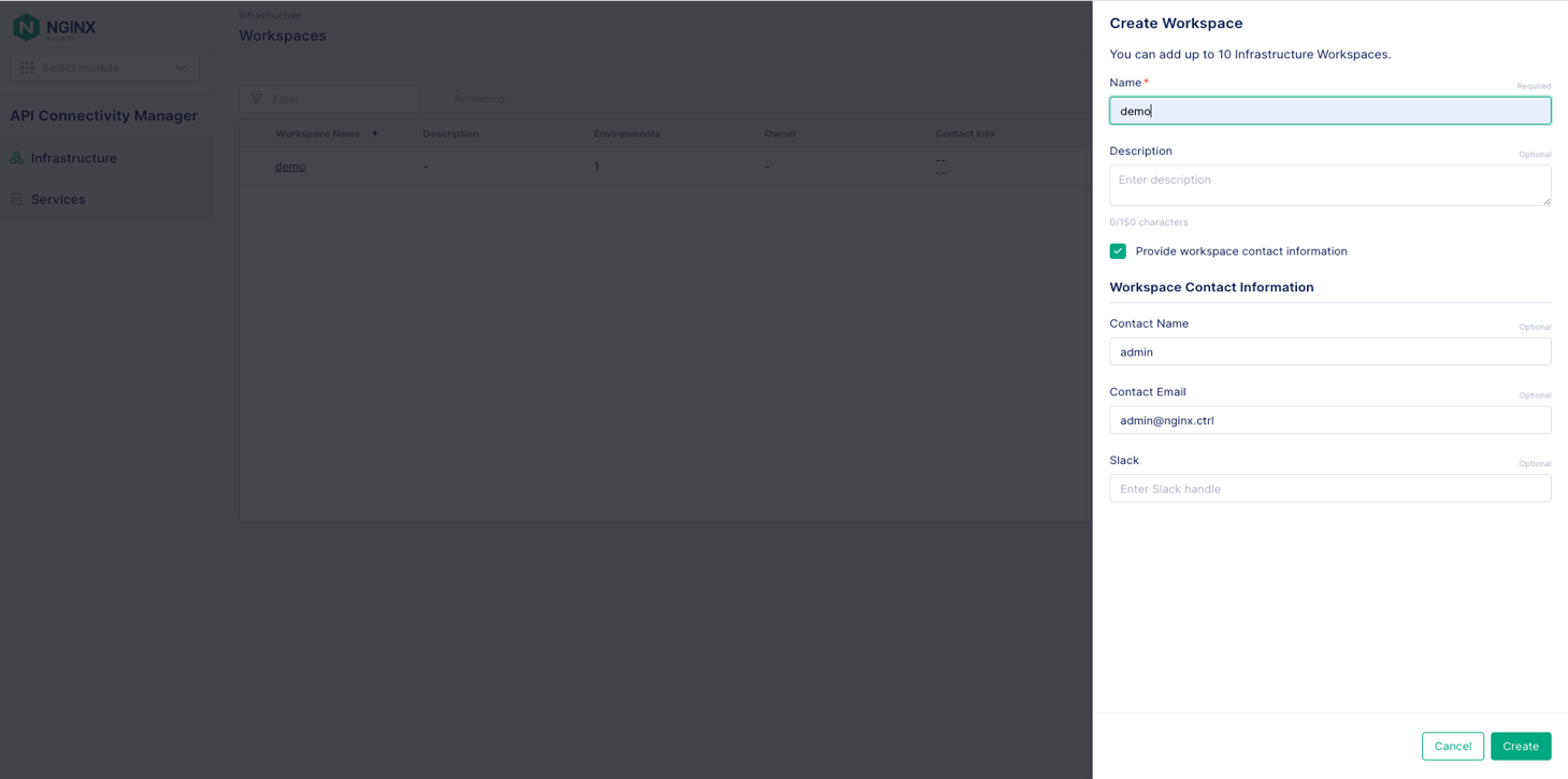 Screenshot of `Create Workspace` panel for `demo` on API Connectivity Manager `Infrastructure` tab