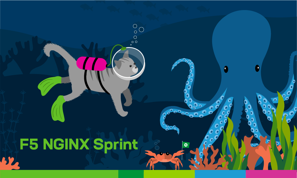 F5 NGINX Sprint. Cat scuba diving with octopus