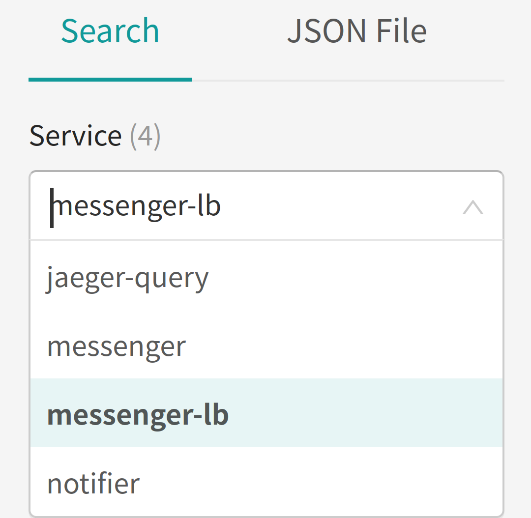 Screenshot of Jaeger GUI showing list of services available for in-depth inspection of spans, now including messenger-lb