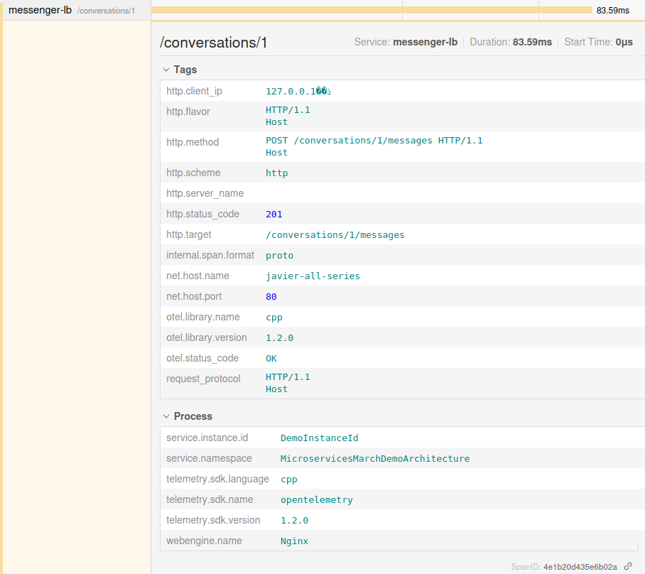 Screenshot of Jaeger GUI showing the parent span in the NGINX (messenger-lb) section of the trace