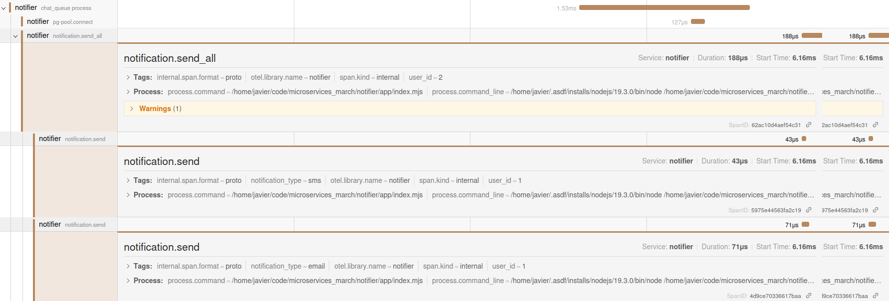 Screenshot of Jaeger GUI showing the result of defining three new spans in the code for the notifier service